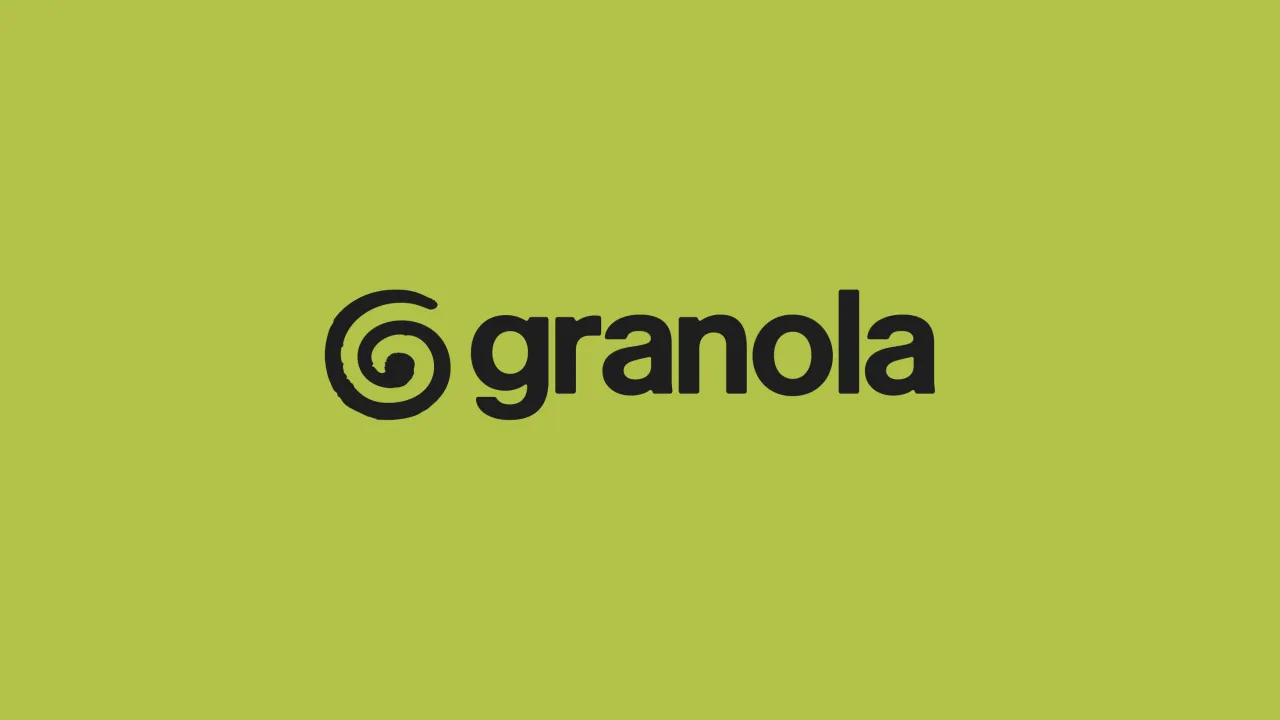 Granola logo with spiral symbol and wordmark in dark navy on a lime green background