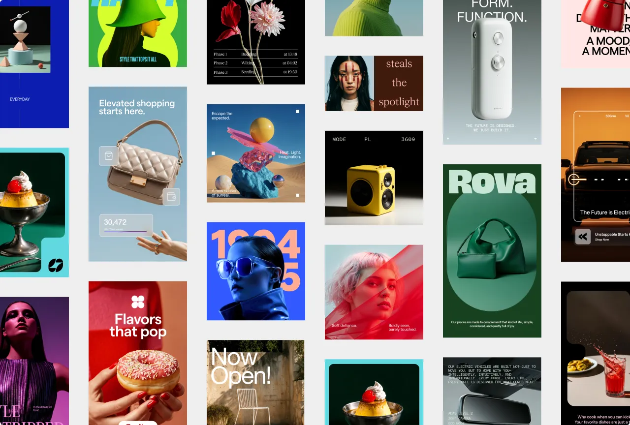 Collage of various branded marketing materials and designs showing consistent visual styles across different products, layouts and colour palettes