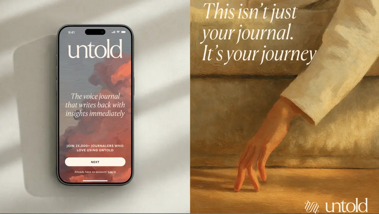 Smartphone displaying the Untold voice-journalling app interface with abstract red and orange imagery, alongside a wooden surface with a hand and text reading "This isn't just your journal. It's your journey