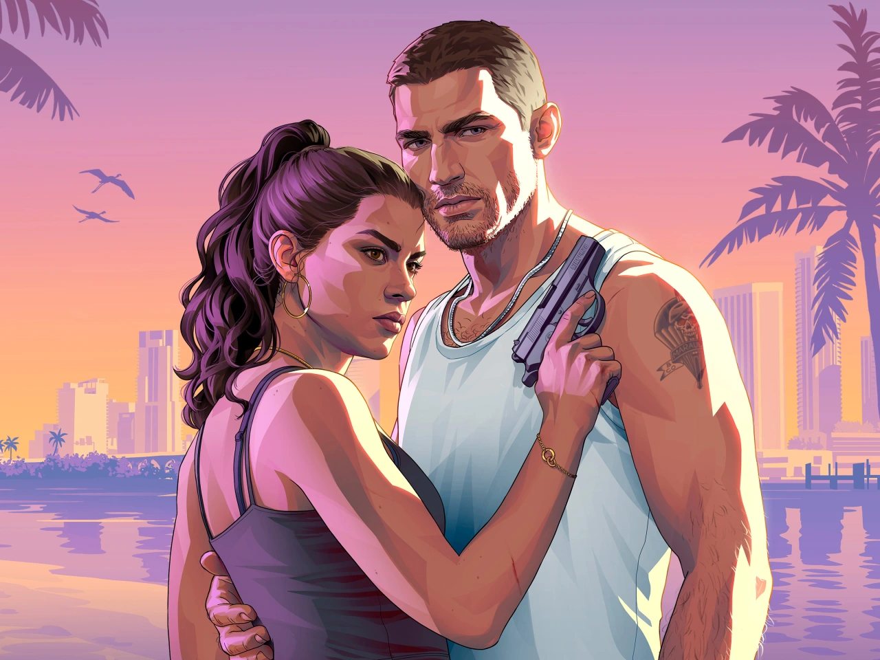 Lucia Caminos and Jason stand embracing against a Miami-style sunset with palm trees and city skyline reflected in water behind them