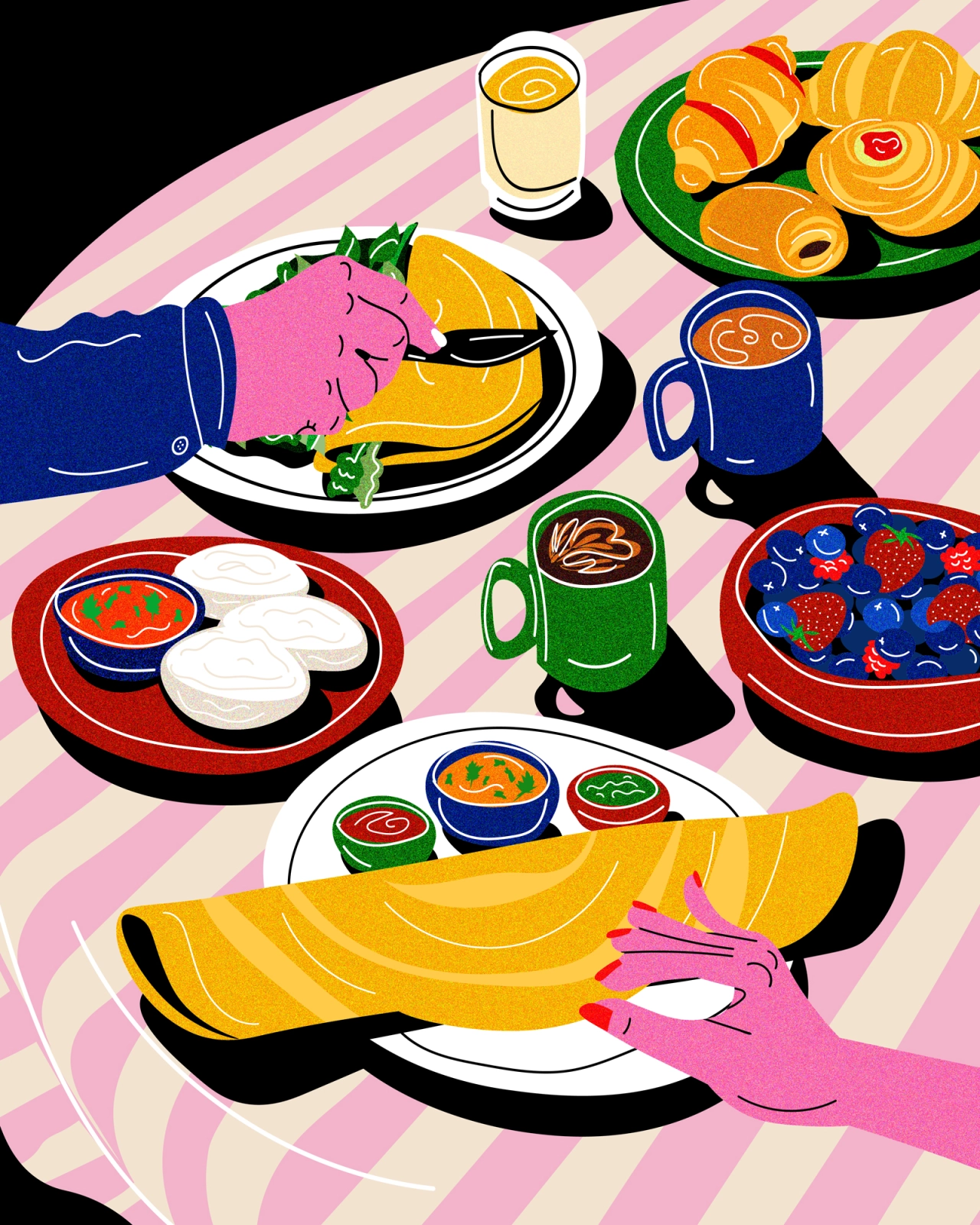 Colourful illustrated overhead view of a table set with plates of samosas, pastries, curries and berries, with hands reaching for food against a pink striped background