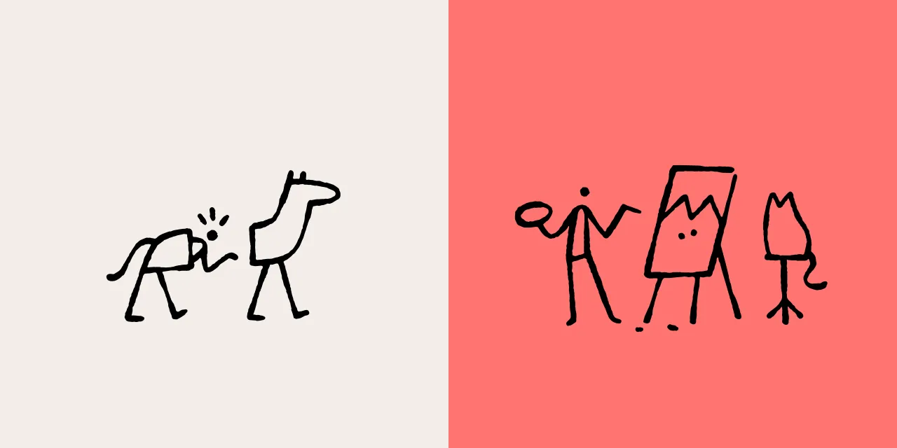 Side-by-side comparison of stick figure illustrations by Loek Vugs: left shows a simple figure kicking, right shows three figures in various poses on a coral background