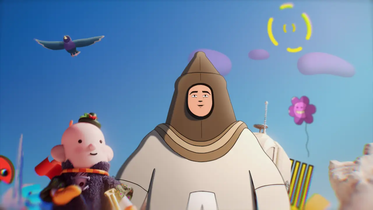 A character in a beige spacesuit and brown hood stands in a colourful animated landscape with a flying bird, pink clouds and abstract shapes in the blue sky