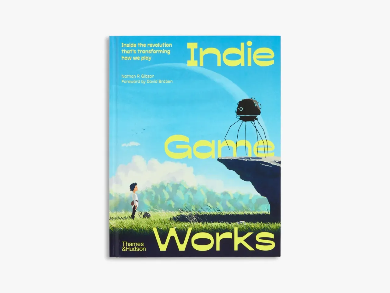 Book cover for Indie Game Works showing a character standing in a grassy field below a floating black sphere-like object against a bright blue sky with clouds